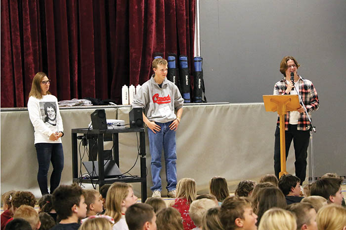 Monique Campbell, Colby and Jeff of Rocanville School leading last year’s assembly in support of Terry Fox Day 2022. 